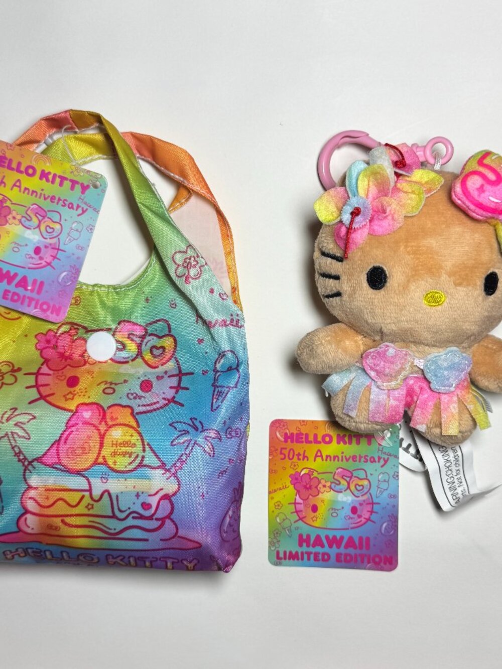 Hello Kitty 50th Anniversary Hawaii Plush Pendant Keychain & Reusable Bag